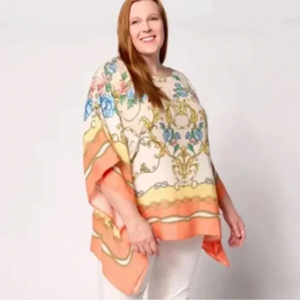 Belle Kim Gravel Poncho XS Floral Resort‎ Wear Coastal Chic Flowy Tunic Kimono